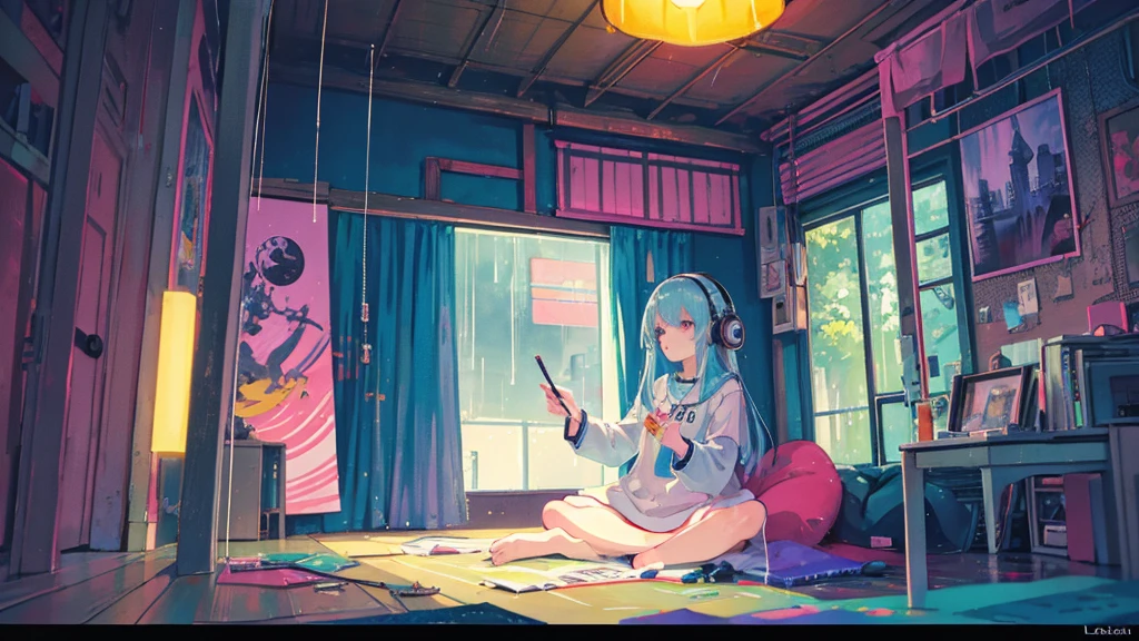 European hippie girl meditating in her room, dream, Please wear headphones., night light, Neon landscape on a rainy day, Analog color theme, Lo-Fi Hip Hop , retrospective exhibition, flat, 2.5D ,Draw a line, ink painting, Osaka Road, Watercolor painting, gouche paint, Studio Ghibli Style, Very bright colors, Outerton, Kraut Lock, Lofiato, 70&#39;s style,Old meat, Amplitude,Psychedelic atmosphere, Masterpiece, Amazing technology,sexually,Spread your legs,sexly,The situation is lying about sex..and open the legs. lying down having sex in the vagina. Vagina and female genitals,chest, tits, chestใหญ่,