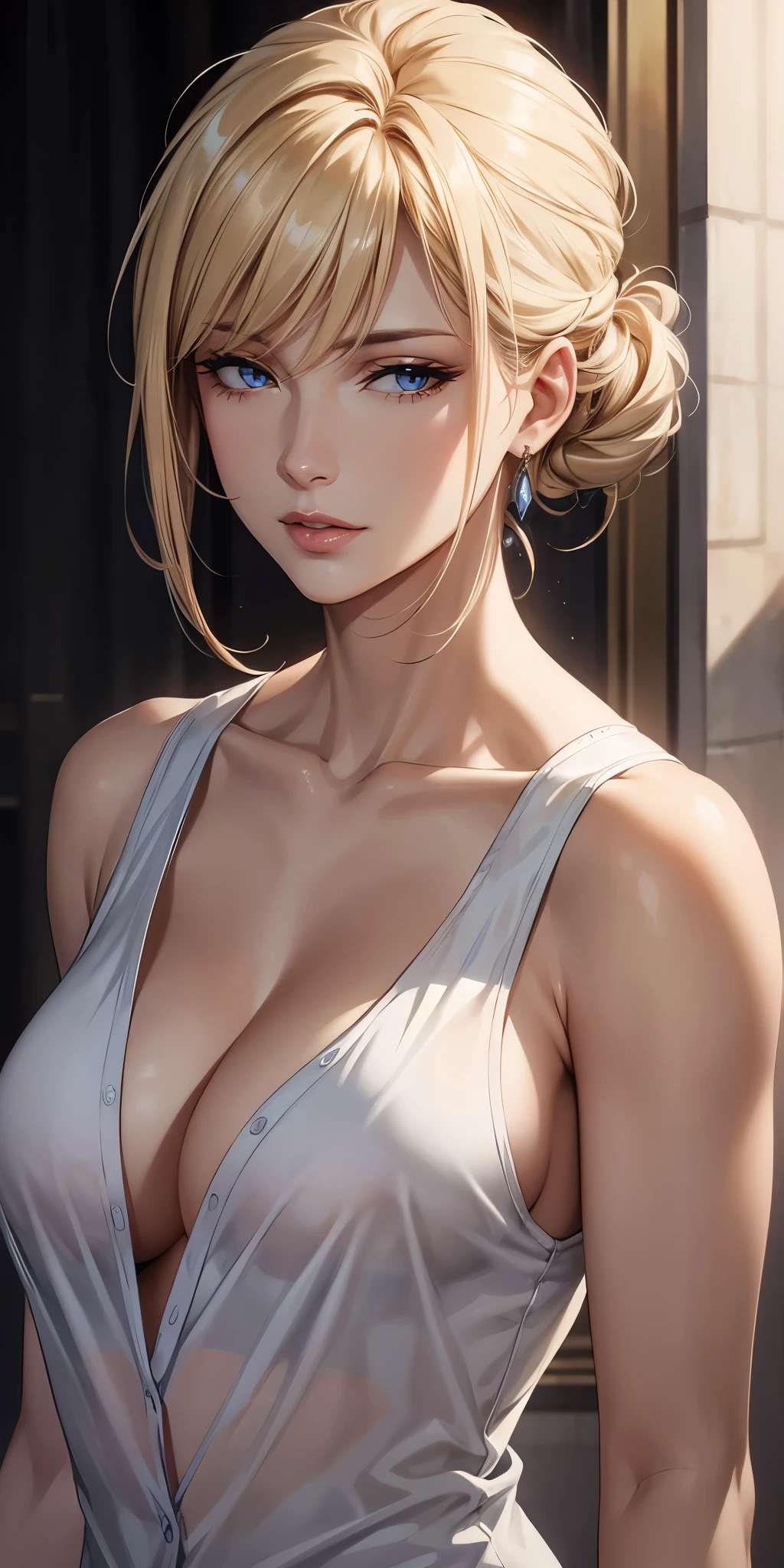 Elegant mature woman, milf, blue eyes, blonde hair, soft light, 4k resolution, high quality, beautiful cg