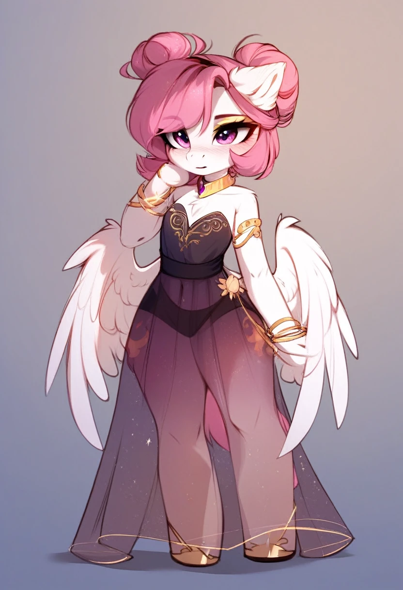 check_9, check_8_up, check_7_up, source_fluffy, rating_safe, from Magnaluna, Celestia poses seductively in a white bedroom, dark pink mane with gold stripes in it, hair bun with bangs, pink eyes, white body, thick thighs, anthro, blushing, wearing peach colored see through dress, full body