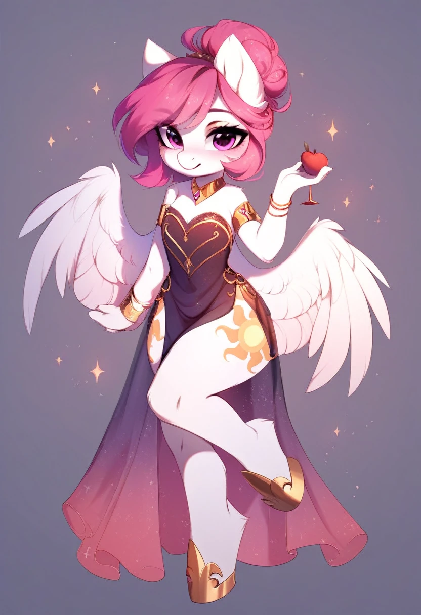 check_9, check_8_up, check_7_up, source_fluffy, rating_safe, from Magnaluna, Celestia poses seductively in a white bedroom, dark pink mane with gold stripes in it, hair bun with bangs, pink eyes, white body, thick thighs, anthro, blushing, wearing peach colored see through dress, full body