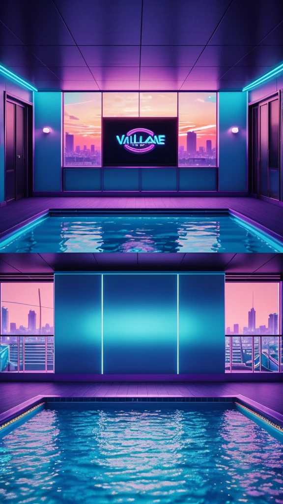 Create an 8K 3D render, photorealistic, highly detailed and realistic of an Iridescent Ice Blue and Gold themed swimming pool, in a liminal space and a view of the city, vaporwave aesthetics, synthwave aesthetic, vaporwave sunset, vaporwave mansion, purple aethetic, beautiful aesthetic, vaporwave aesthetic, lush paradise, 1 9 8 0 s aesthetic, 1980s aesthetic, lofi aesthetic, aesthetic!!!!!!!!, beautiful aesthetic design. 16K Render. Synthwave aesthetic. Studio lighting, add neon signs. Iridescence. Make it look very Liminal and photorealistic.
