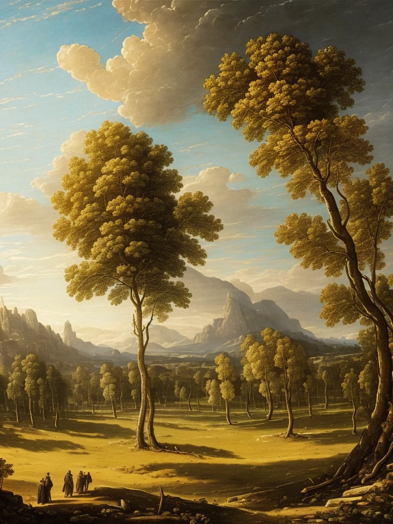 16k, massive details, ((complex details))) immense sky,field of many trees intertwined in the trunks,amazing sky,Level 15,rocky surface, (photorealistic), art (((Claude Lorrain))), J.R. Tolkien Type [sharp focus], (HDR), (8k), (gigapixel), (masterpiece)