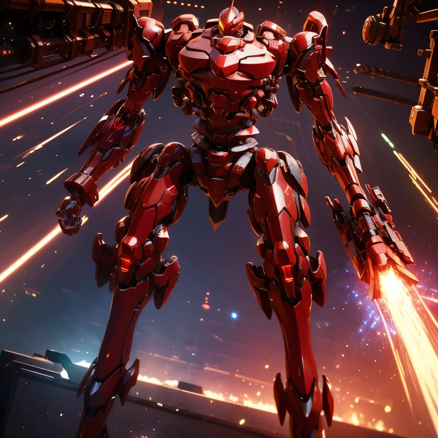 (work of art, best qualityer:1.5)Blood red mech with beige accents. With structure made of animal bones, vivid red eyes, fit the tribal appearance and average body. He carried with him a spear made of bones with red details.. Extremely detaild, intricate, 8k, HDR, naturallight, cinematic lighting, (Space battlefield:1.5), masterpiece-anatomy-perfect, ultra HD, Space Combat, Battlefield, Unreal Engine, RAW photo, metallic, professional, ultra-fine painting, perfect body proportions, anatomically correct, uhd, real texture material, Anti-Aliasing, FKAA, TXAA, RTX, SSAO, Post Processing, Post Production, Tone Mapping, CGI, VFX, SFX, hyper maximalist, Volumetric, ultra photorealultra-detailed intricate details.