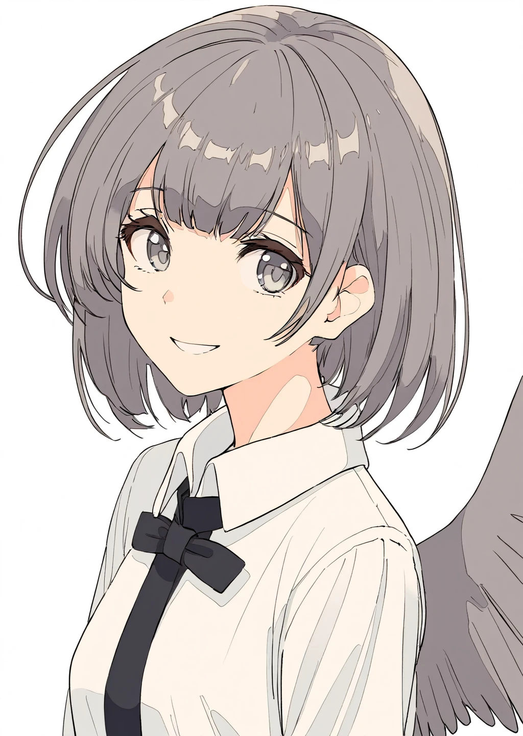 masterpiece,best quality,1girl, solo, upper_body, smile, grey_eyes, ahoge, bangs, short_hair, eyebrows_visible_through_hair, wing_collar, white_shirt, looking_at_viewer, simple_background, white_background