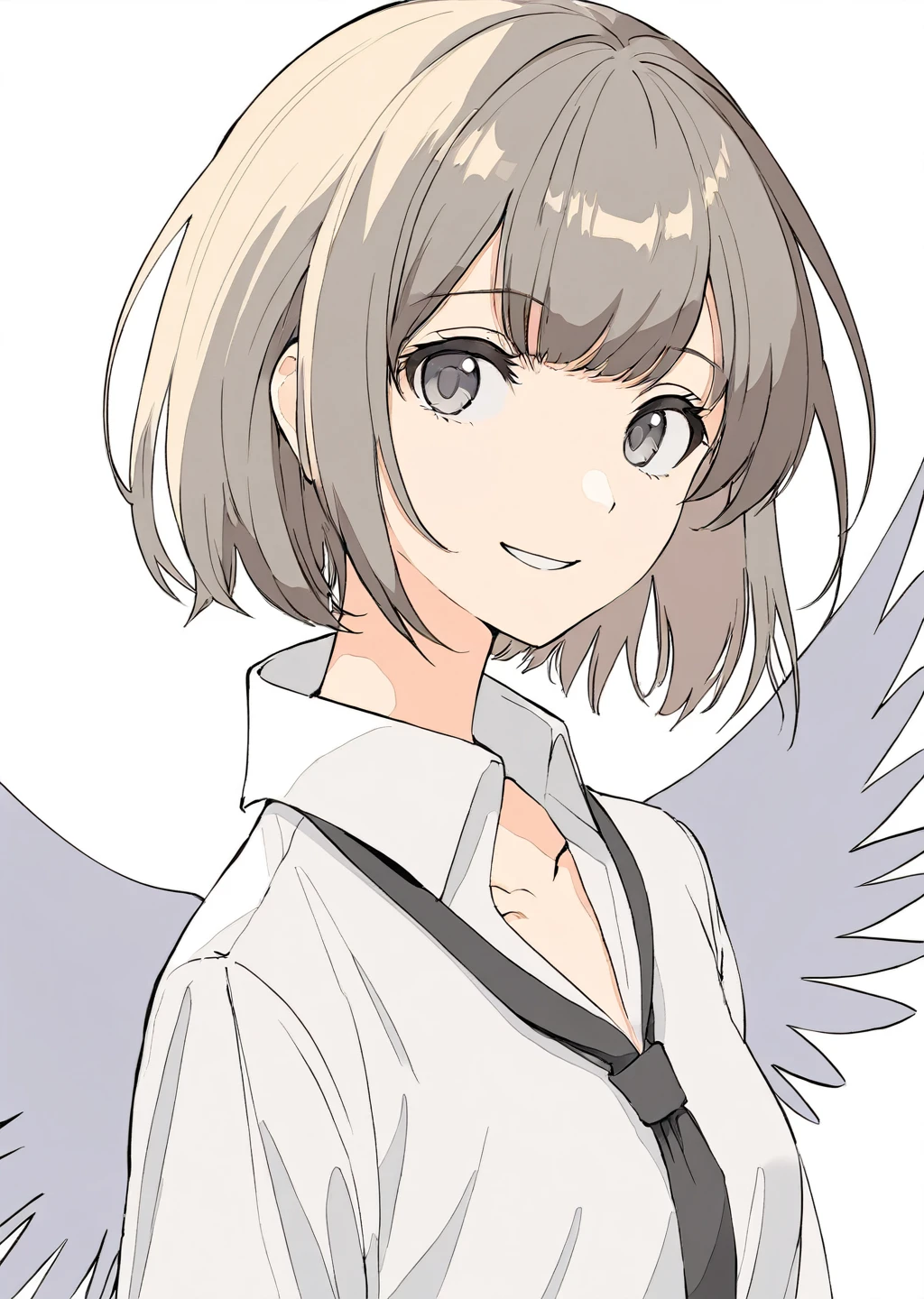 masterpiece,best quality,1girl, solo, upper_body, smile, grey_eyes, ahoge, bangs, short_hair, eyebrows_visible_through_hair, wing_collar, white_shirt, looking_at_viewer, simple_background, white_background