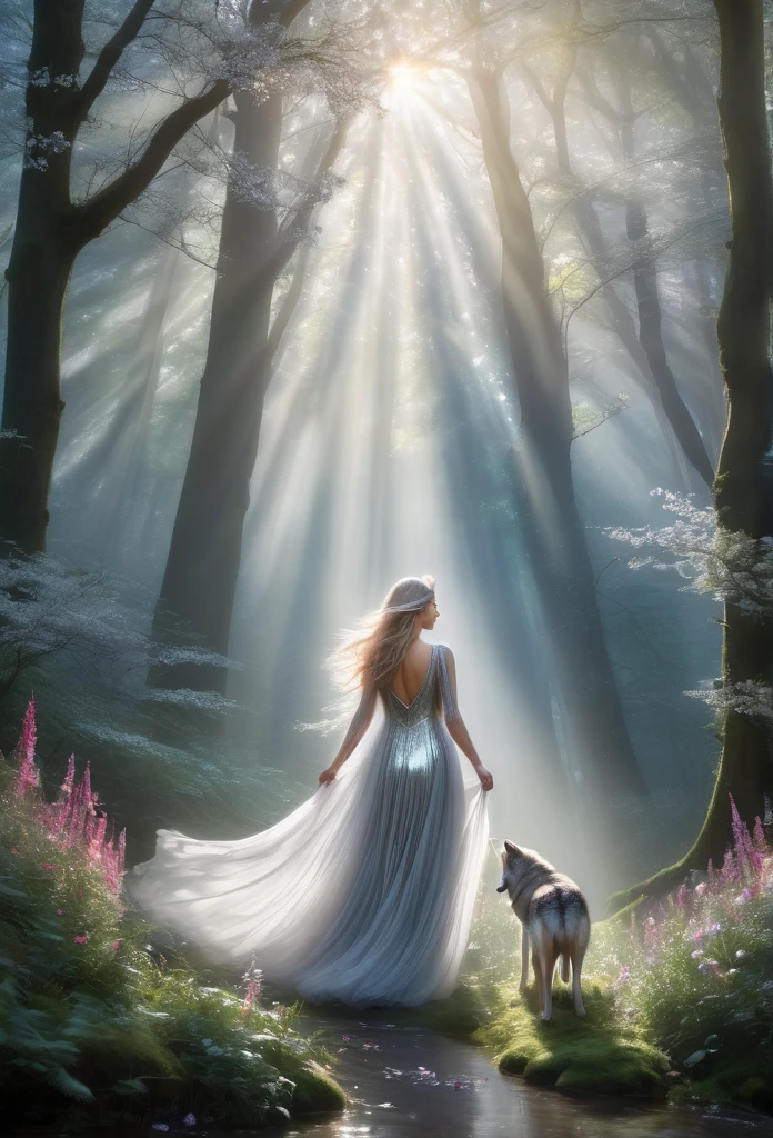 a celestial being, in a flowing silver dress, glides delicately through the forest, surrounded by beautiful wolves, a forest full of flowers, a ray of sunlight illuminates the environment, the fog reveals a mystical and enchanting scene