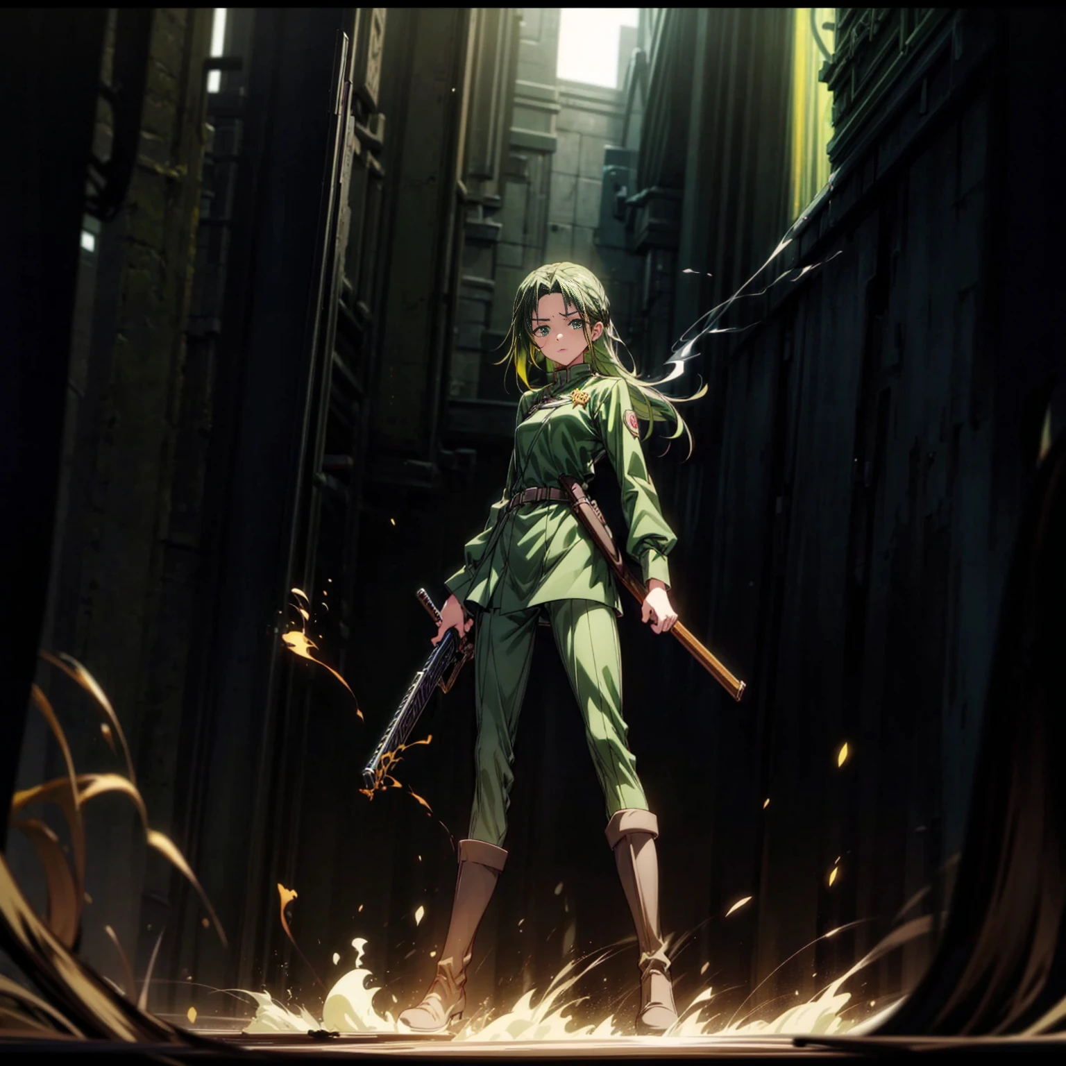 1girl, Full body version, 1character, green eyes, long haircut, green color hair, soldier style clothing, black color clothing, brown boots, Grassroots, background in city street, motion blur, lighting, (detective conan style art), standing gesture, shotgun in hand, fire effect, smoke effect,