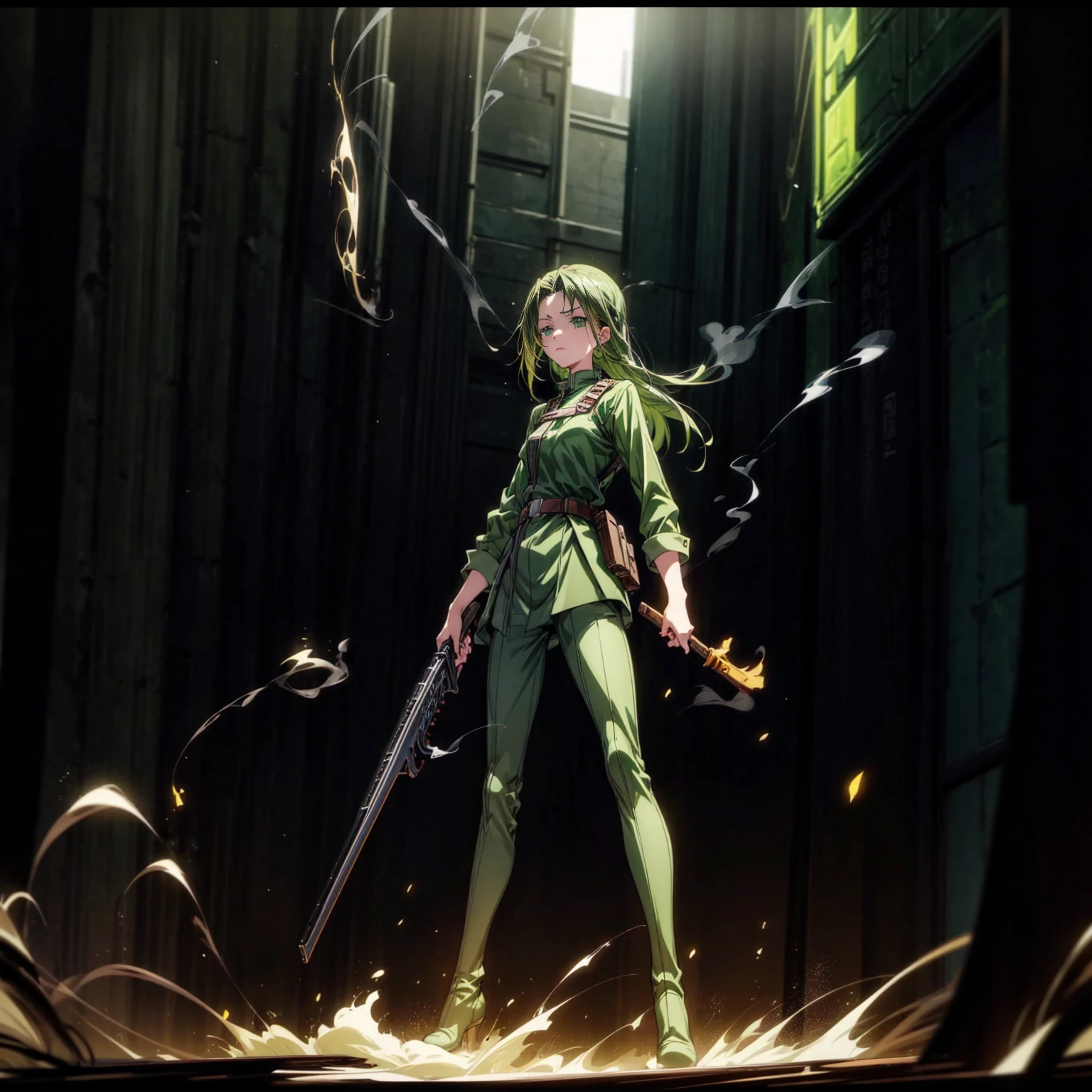 1girl, Full body version, 1character, green eyes, long haircut, green color hair, soldier style clothing, black color clothing, brown boots, Grassroots, background in city street, motion blur, lighting, (detective conan style art), standing gesture, shotgun in hand, fire effect, smoke effect,