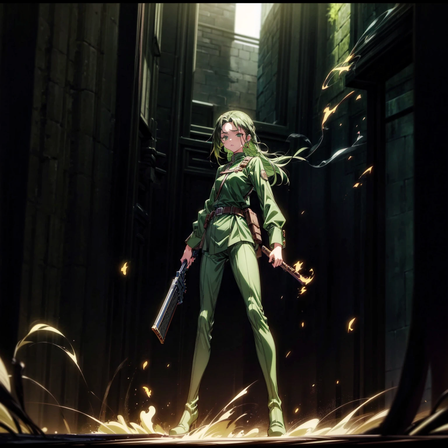 1girl, Full body version, 1character, green eyes, long haircut, green color hair, soldier style clothing, black color clothing, brown boots, Grassroots, background in city street, motion blur, lighting, (detective conan style art), standing gesture, shotgun in hand, fire effect, smoke effect, 