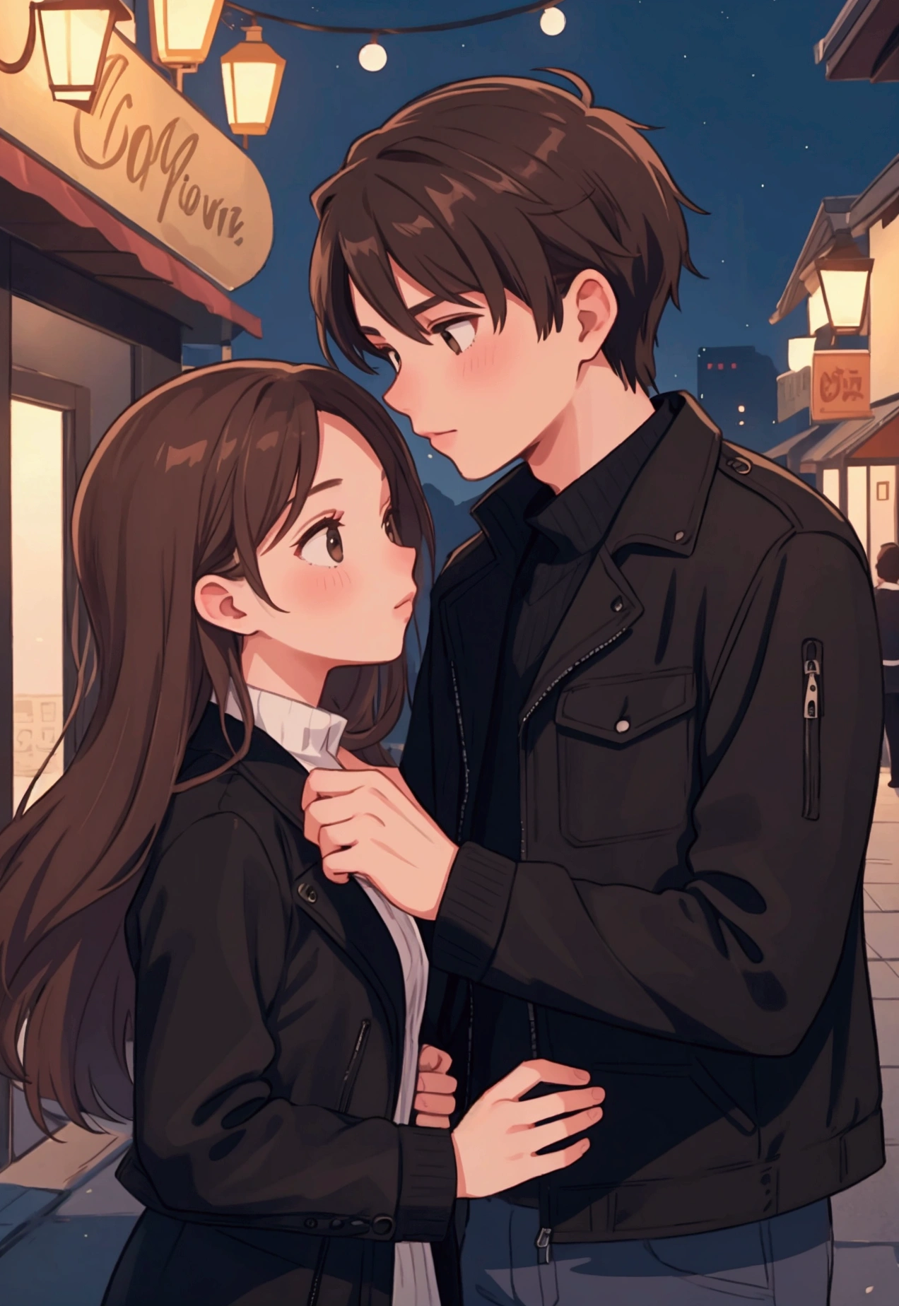 a couple kissing , male and female, brown hair, night time, black jacket