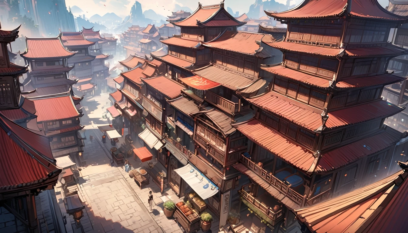 Highest quality,masterpiece,Chinese style city,landscape,There are no humans,Fantasy,Charming streetscape,Concept Art,Fantasy,market,high resolution,4K,Atmospheric