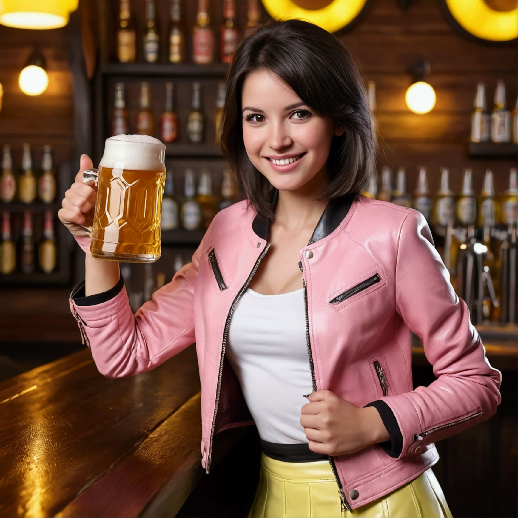 One Woman, Dark brown hair, Yellow Ethes, Wearing a pink leather jacket, White shirt, Wearing a miniskirt in a bar, Have a beer mug, A refreshing smile,blush, alcohol, Drunk face, 4K, Good anatomy, masterpiece, Detailed face, basalt