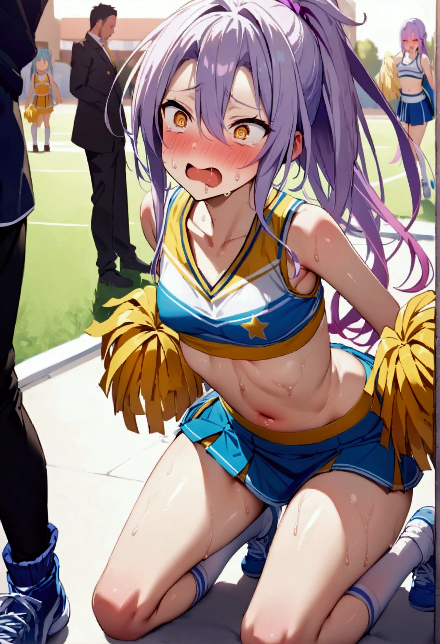 NSFW,masterpiece,Highest quality,High resolution,Very detailed,white\(no game No life\),Small breasts,ponytail,(Cheerleader),Tank top,Crop top,mini skirt,Knee-high socks,sports boots,School,Ground,Frustrated face,blush,Sweat,sexual excitement,(Ecstasy face),Squirting