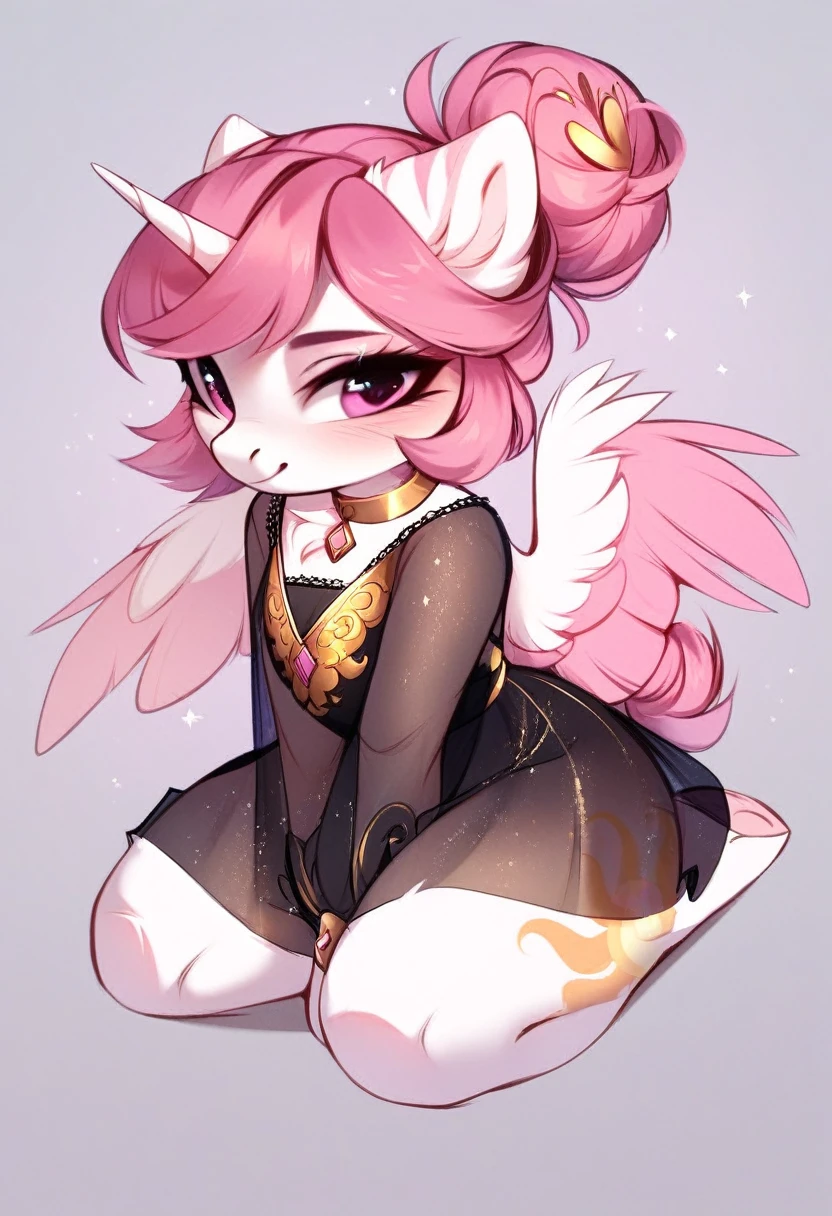 check_9, check_8_up, check_7_up, source_fluffy, rating_safe, from Magnaluna, Celestia poses seductively in a white bedroom, dark pink mane with gold stripes in it, hair bun with bangs, pink eyes, white body, thick thighs, anthro, blushing, wearing peach colored see through dress, full body