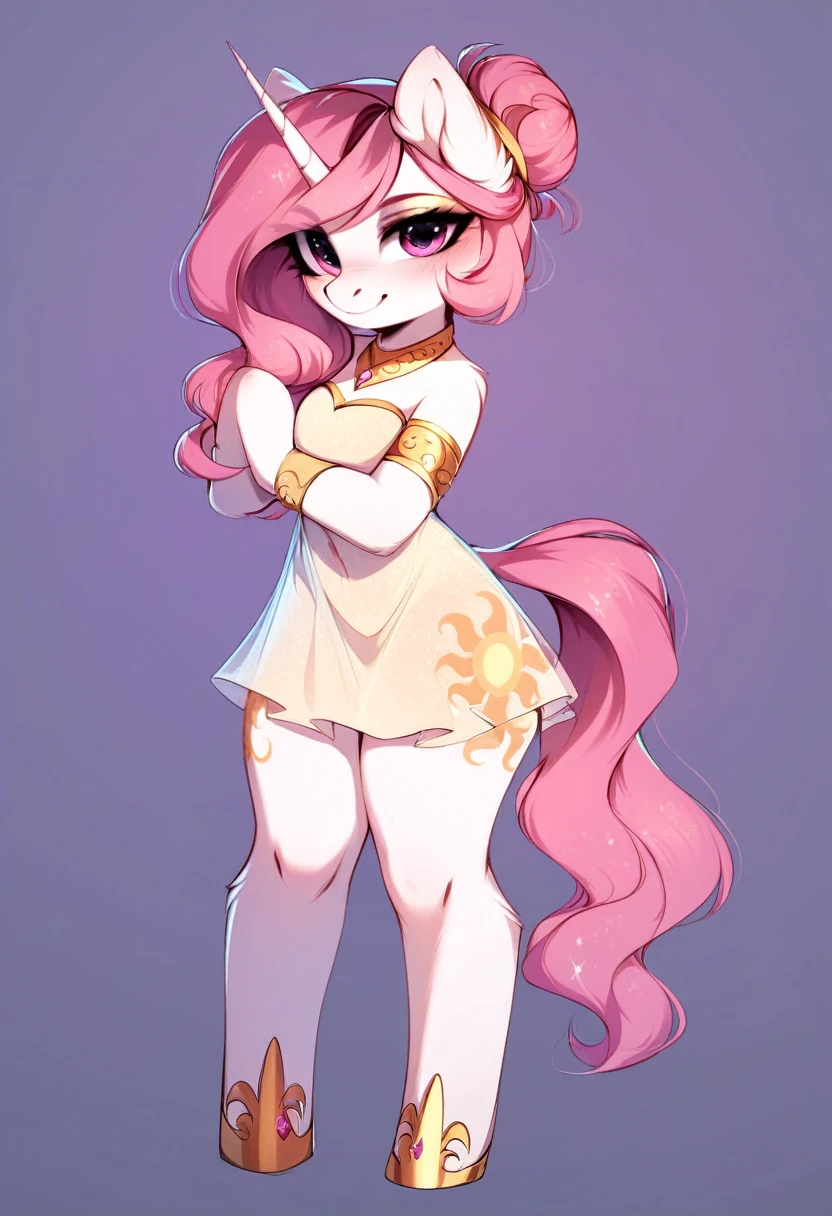 check_9, check_8_up, check_7_up, source_fluffy, rating_safe, from Magnaluna, Celestia poses seductively in a white bedroom, dark pink mane with gold stripes in it, hair bun with bangs, pink eyes, white body, thick thighs, anthro, blushing, wearing peach colored see through dress, full body