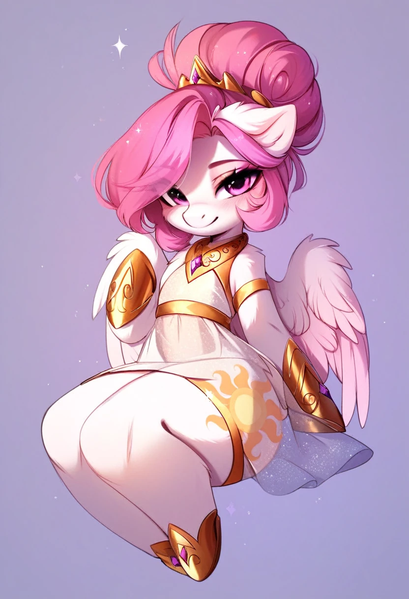 check_9, check_8_up, check_7_up, source_fluffy, rating_safe, from Magnaluna, Celestia poses seductively in a white bedroom, dark pink mane with gold stripes in it, hair bun with bangs, pink eyes, white body, thick thighs, anthro, blushing, wearing peach colored see through dress, full body