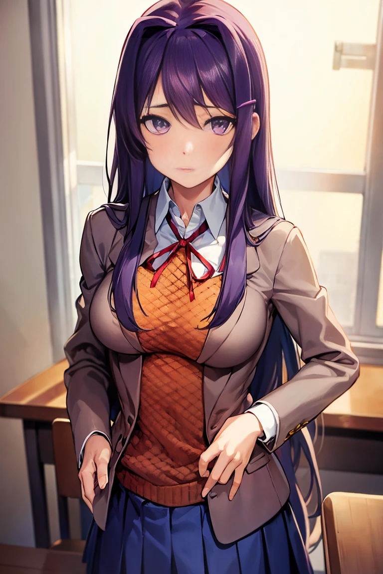 2d, masterpiece, best quality, anime, highly detailed, cowboy shot, 1girl, solo, yuri, purple eyes, purple hair, long hair, hairclip, [[nude large breasts showing]], , blazer, brown sweater, collared shirt, neck ribbon, blue skirt, standing, own hands together, expressionless, classroom, nude nipples showing , nude upper body , breasts showing, sexy 
