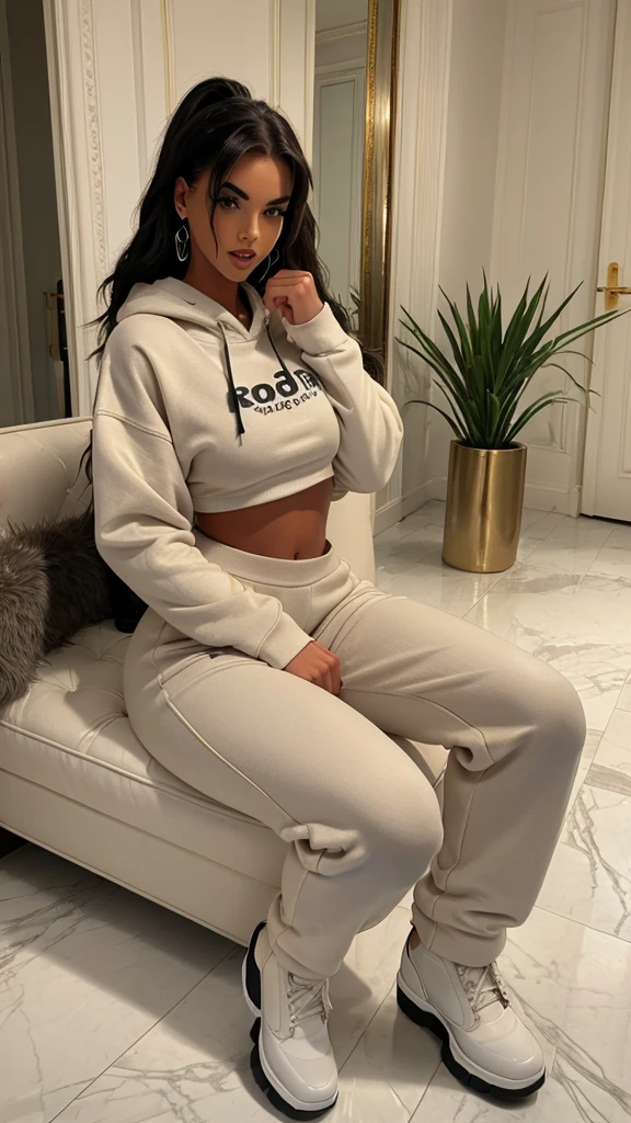Alisha Lehmann skinny sexy model,She is wearing big oversized baggy black hoodie big sweatshirt covering her breasts and stomach and big high waist oversized big baggy black sweatpants she has small sexy breasts,skinny sexy thighs black hair with bangs,big hooves earrings hands in pockets ankle boots heels full body view, black hair skinny girl oversized big hoodie, oversized big sweatpants looking into the camera big oversized pants big sweatshirt wearing boxing gloves no tattoos in a beige aesthetic apartment with luxury coach, flower vase decor white stylish floor tiles, white walls, sitting, looking at the camera, both hands in pockets, fluffy pillows putting both hands in pockets black hair
