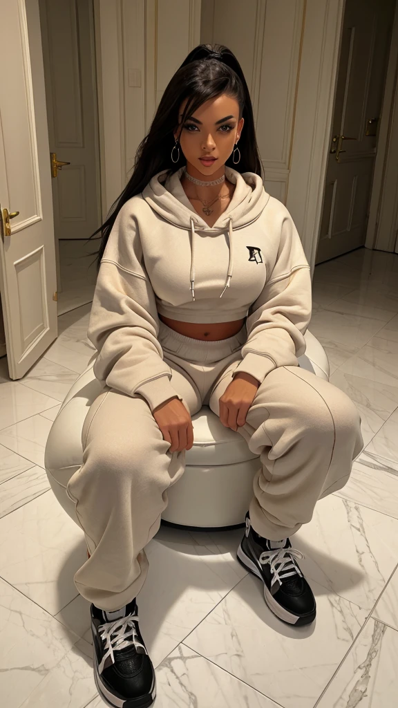 Alisha Lehmann skinny y model,She is wearing big oversized baggy black hoodie big sweatshirt covering her bred stomach and big high waist oversized big baggy black sweatpants she has small sexy breasskinnthighs black hawith bangs,big hooves earrings hands in pockets ankle boots heels full body view, black hair skinny girl oversized big hoodie, oversized big sweatpants looking into the camera big oversized pants big sweatshirt wearing boxing gloves no tattoos in a beige aesthetic apartment with luxury coach, flower vase decor white stylish floor tiles, white walls, sitting, looking at the camera, both hands in pockets, fluffy pillows putting both hands in pockets black hair