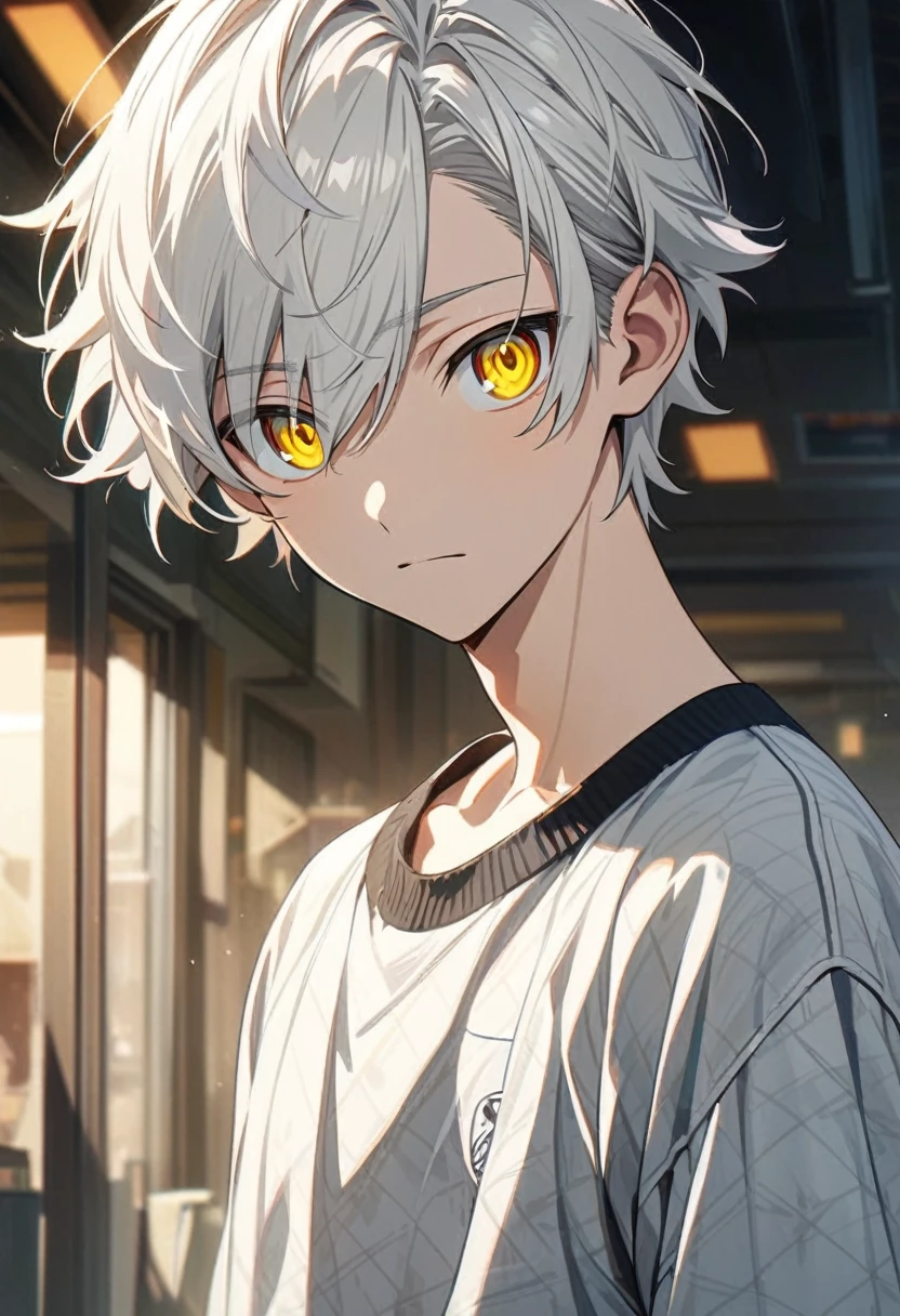 an anime boy, white hair, yellow eyes, casual clothes , neutral expression, slender body, short hair, handsome, front hair swept to one side, detailed eyes, ultra detailed, high quality, Teen, soft features, adorable.