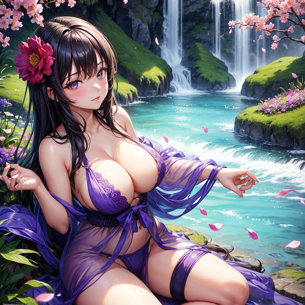 Make an image of a beautiful and pretty woman holding a purple flower, make her look beautiful and pretty, make the background a valley with a waterfall in the background, give a close up of the beautiful woman, make her look hotter and increase her chest size, make her look sexy and attractive, she's a pervert, make her chest bigger, make her thighs a bit thick, she's naked and covered in flower petals