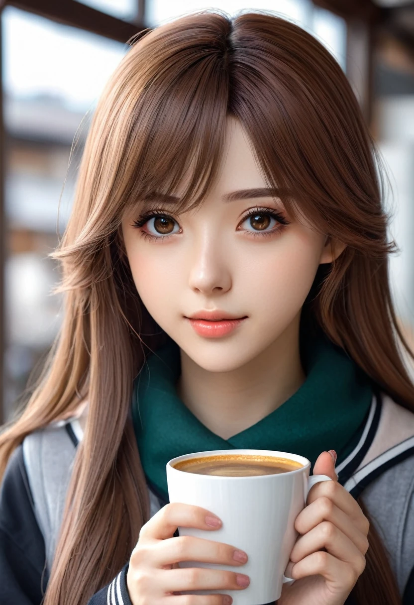 there is a woman who is holding a cup of coffee, anime girl in real life, realistic anime young man, portrait of Cute anime girl, cute natural anime face, kawaii realistic portrait, realistic 3d anime style, cute kawaii girl, attractive anime girl, photorealistic anime, garota misteriosa da cafeteria, anime young man, Cute anime girl, anime girl with long hair