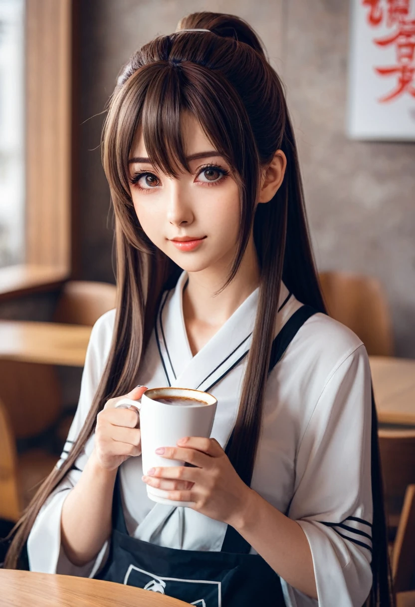 there is a woman who is holding a cup of coffee, anime girl in real life, realistic anime young man, portrait of Cute anime girl, cute natural anime face, kawaii realistic portrait, realistic 3d anime style, cute kawaii girl, attractive anime girl, photorealistic anime, garota misteriosa da cafeteria, anime young man, Cute anime girl, anime girl with long hair