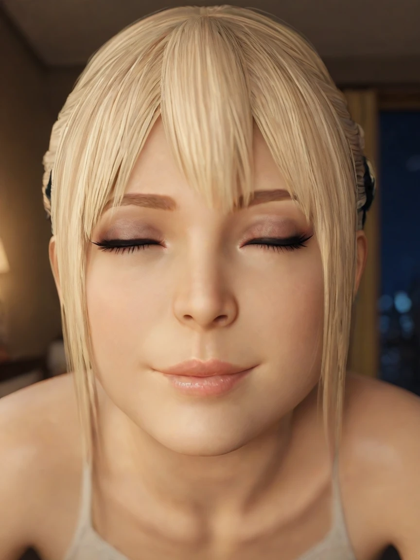score_9_up, score_8_up, score_7_up, source_3d, blender 3d, detailed 3d, nsfw, detailed body, looking at viewer, pov, realistic, solo focus, soft smile, closed eyes, face focus, close up, solo focus, background bedroom, (at night, dark, blurry background), (realistic, cinematic, high quality, photorealistic, best quality, ultra detailed), marie rose