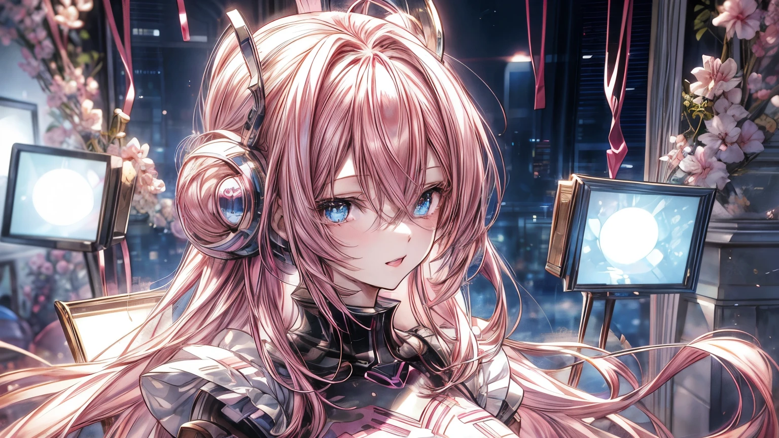 Anime girl with pink hair and blue eyes standing in front of a mirror., 4K anime style, detailed digital anime art, beautiful animated portrait, detailed portrait of anime girl, Pink hair and cyan eyes., anime art wallpaper 4k, anime art wallpaper 4k, cute anime girl portrait, anime girl portrait, 4k anime wallpaper, cute anime girl portraits
