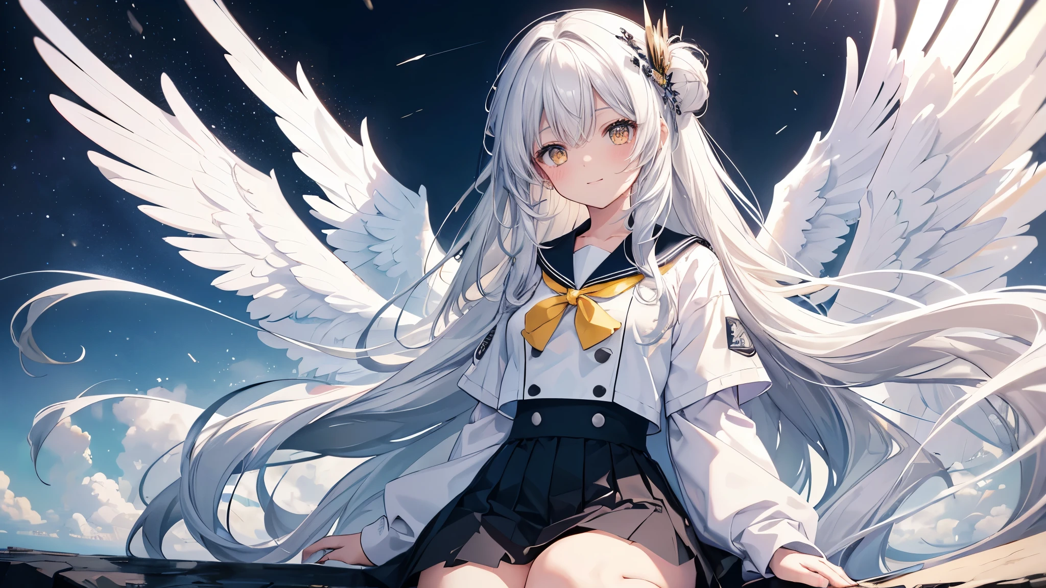 8K resolution, ((of the highest quality)), ((masterpiece)), ((Super detailed)), (very delicate and beautiful), with a girl, Alone, gentle expression, She is very(chill out)with(calm)Appearance,gray fur, Depth of written limits., bright smile, bright yellow eyes, bright white hair, beautiful background, Long Hair - Line Art, black skirt, White uniform like a sailor suit., angel, Angel's white wings, White feathers fluttering, Eyes that shine like amber, upper eye, wonderful eyes, whole body