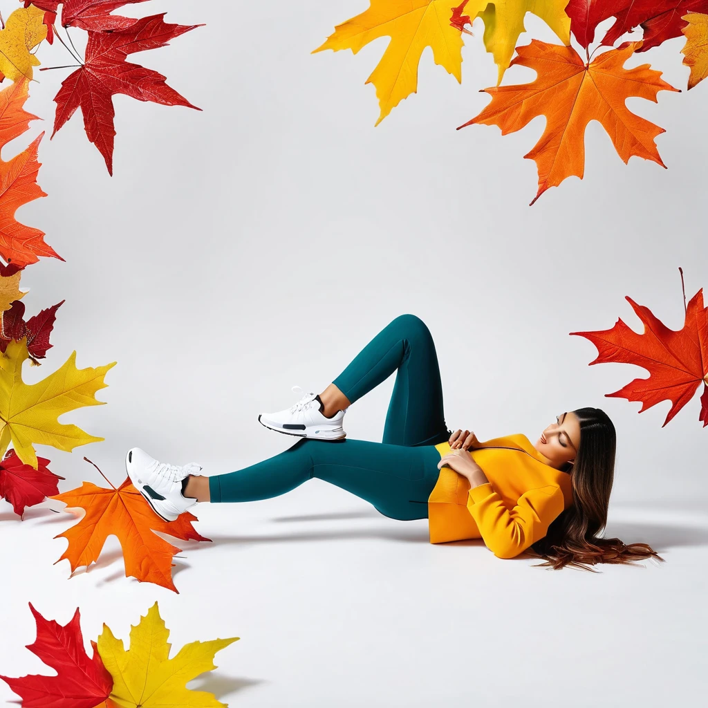 Design an image for the main banner of the season (((Autumn-Winter))) of an urban sneaker store. The image must show a ((full-body woman)), lying on her back with her legs raised, showing (((modern urban sneakers))). Sneakers should be the (main focal point), with (((vibrant colors))) and (sharp details). The background should be (((white))) and (minimalist) to highlight the sneakers effectively. ((Main banner, urban sneakers, Autumn-Winter season, full-length woman, lying down, vibrant colors, minimalist background))