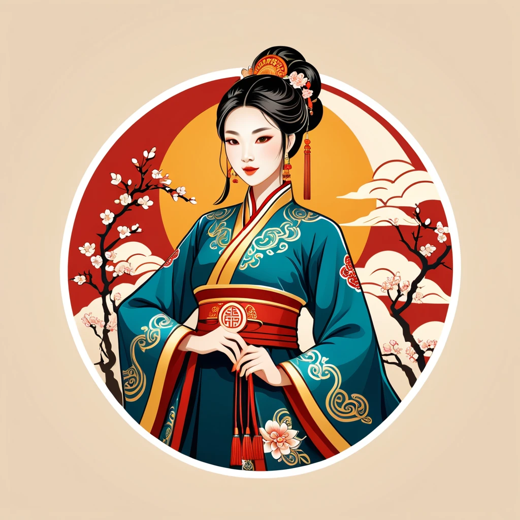 female enchanter in chinese folk outfit, vector graphics, strong contours, logo design