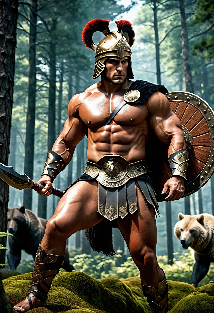 photorrealistic, (work of art:1.3), (best qualityer:1.3), muscular greek kings, (details Intricate), unity wallpaper 8k, ultra detaild, comely, aesthetics, perfect lighting, forest around WestGark, very strong Greek warrior, (muscular:1.2), leather armor, wearing toga, hunting,fighting bears and dire wolves.10 different photos