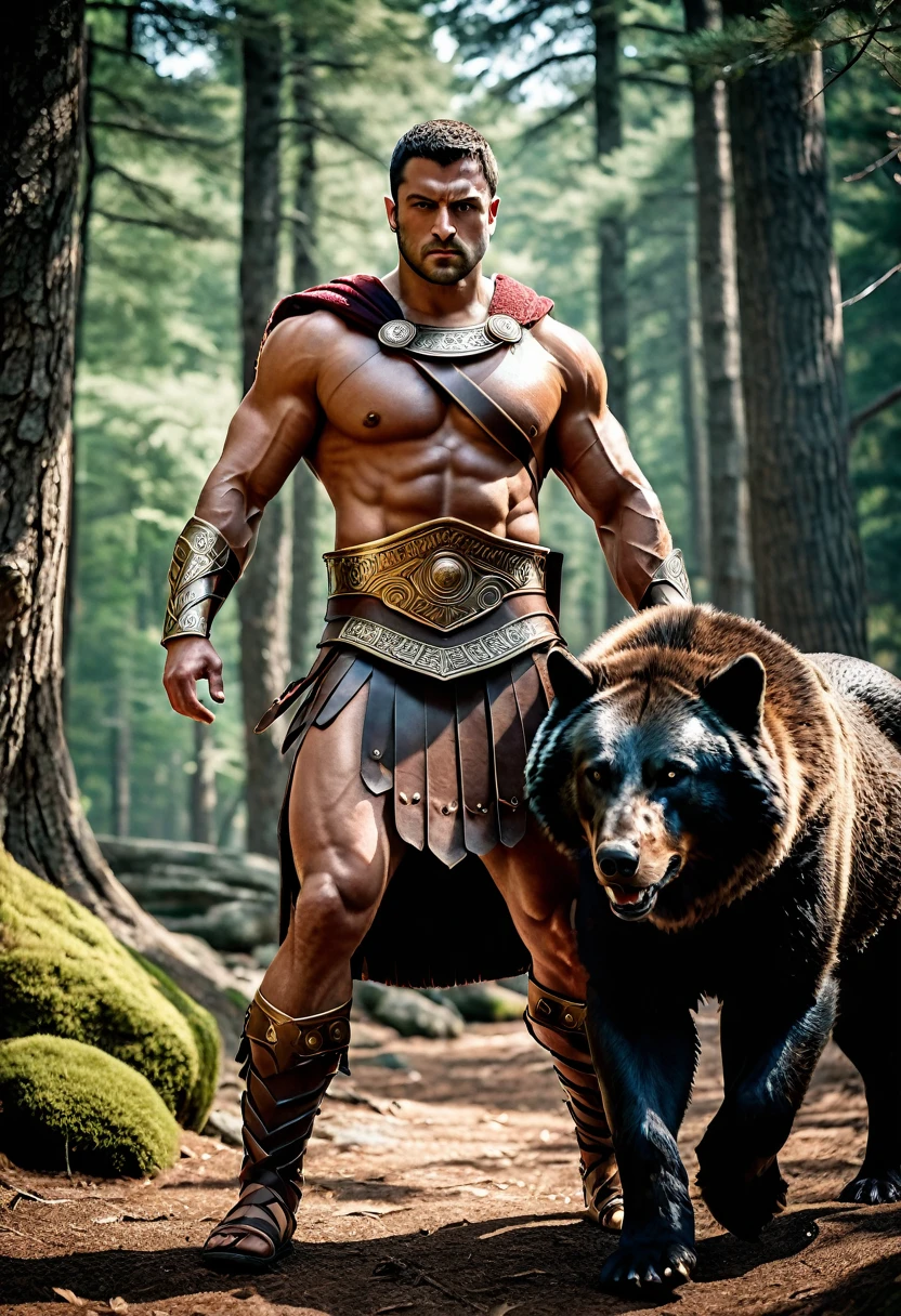 photorrealistic, (work of art:1.3), (best qualityer:1.3), muscular greek kings, (details Intricate), unity wallpaper 8k, ultra detaild, comely, aesthetics, perfect lighting, forest around WestGark, very strong Greek warrior, (muscular:1.2), leather armor, wearing toga, hunting,fighting bears and dire wolves.10 different photos