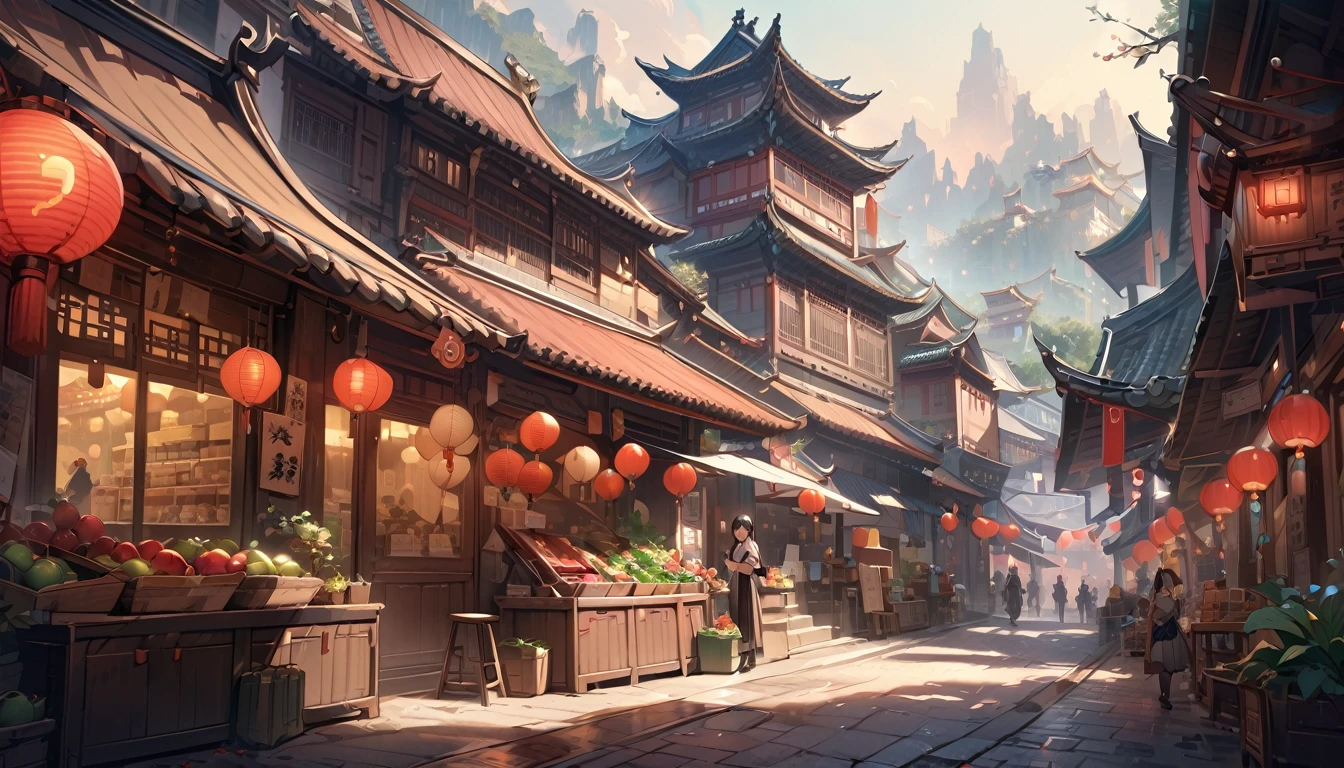 Highest quality,masterpiece,Chinese style city,landscape,There are no humans,Fantasy,Charming streetscape,Fantasy,market,high resolution,4K,Atmospheric