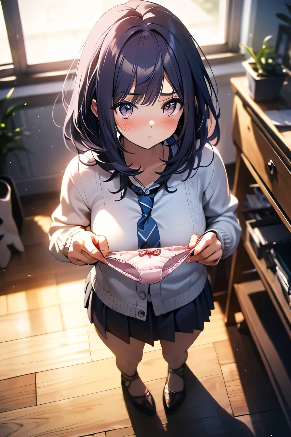 (Very detailed CG Unity 8K 壁紙),(masterpiece), (Highest quality), (Very detailed), (Best illustrations),(Best Shadow), Large Breasts,16 years old,Purple eyes and very short purple hair, holding_underwear、blush、Glossy pink underwear、White blouse,Blue tie,Checked mini skirt、beige cardigan、Dynamic Angle