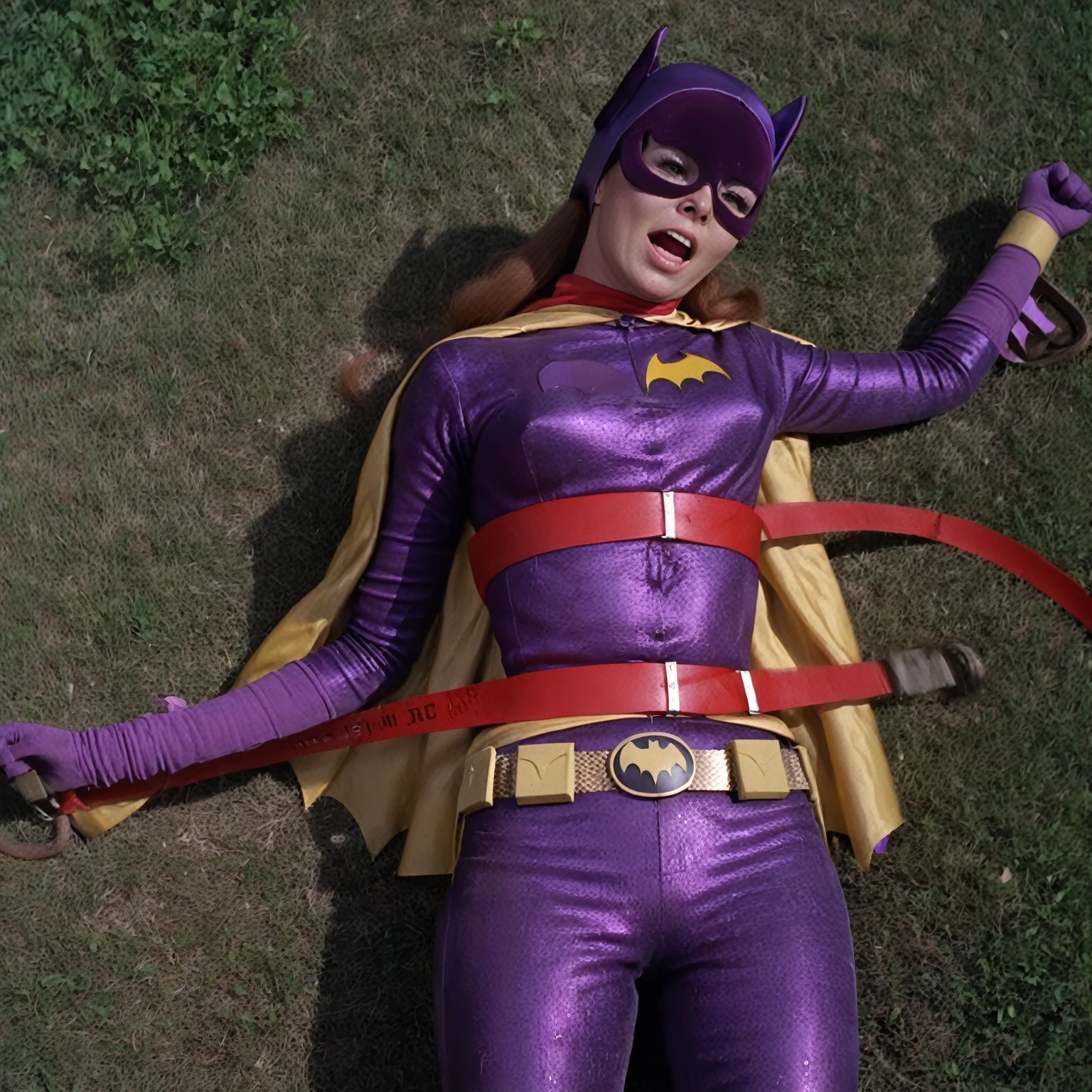 yvonne craig woman, with her purple outfit and yellow belt, she is desperate, her waist is squeezed by a red rope which contracts and squeeze her body, she cant move while her waist is squeezed by the red rope causing wrinkles on her purple outfit, she is in pain with her shoulders shrugged, screaming as hard as she can with her eyes wide open looking to camera, she is in pain, we see her injures, 60's style, analog film, close up, on grass, film grain