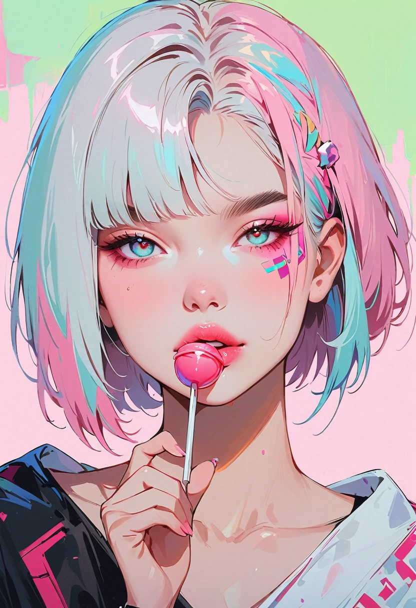 (masterpiece, best quality:1.2), 1 girl, 独奏, Anime style, Colored pupils, With a lollipop, lips pink, Cyberpunk style makeup, Pink lower eye shadow, Asymmetrical short hair, Asymmetrical short hairstyle, Long bangs on one side, Highlights, background.