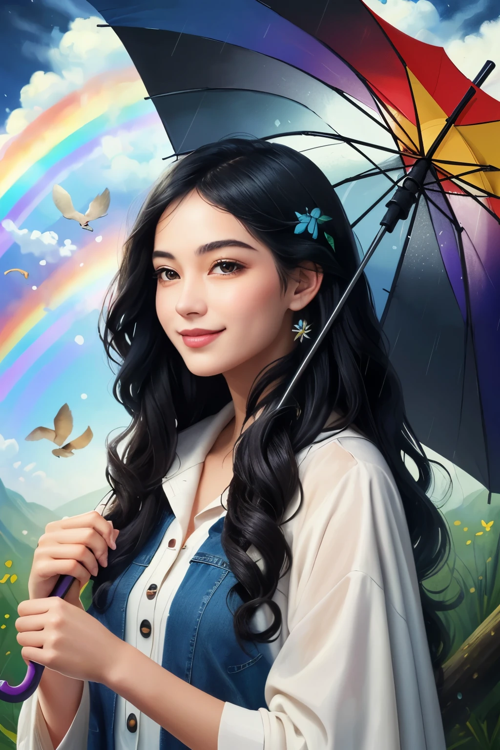 ((best quality)), ((masterpiece)), (detailed), A digital illustration of a young happy woman with long black hair holding an umbrella, surrounded by small birds and a rainbow in a rainy sky
