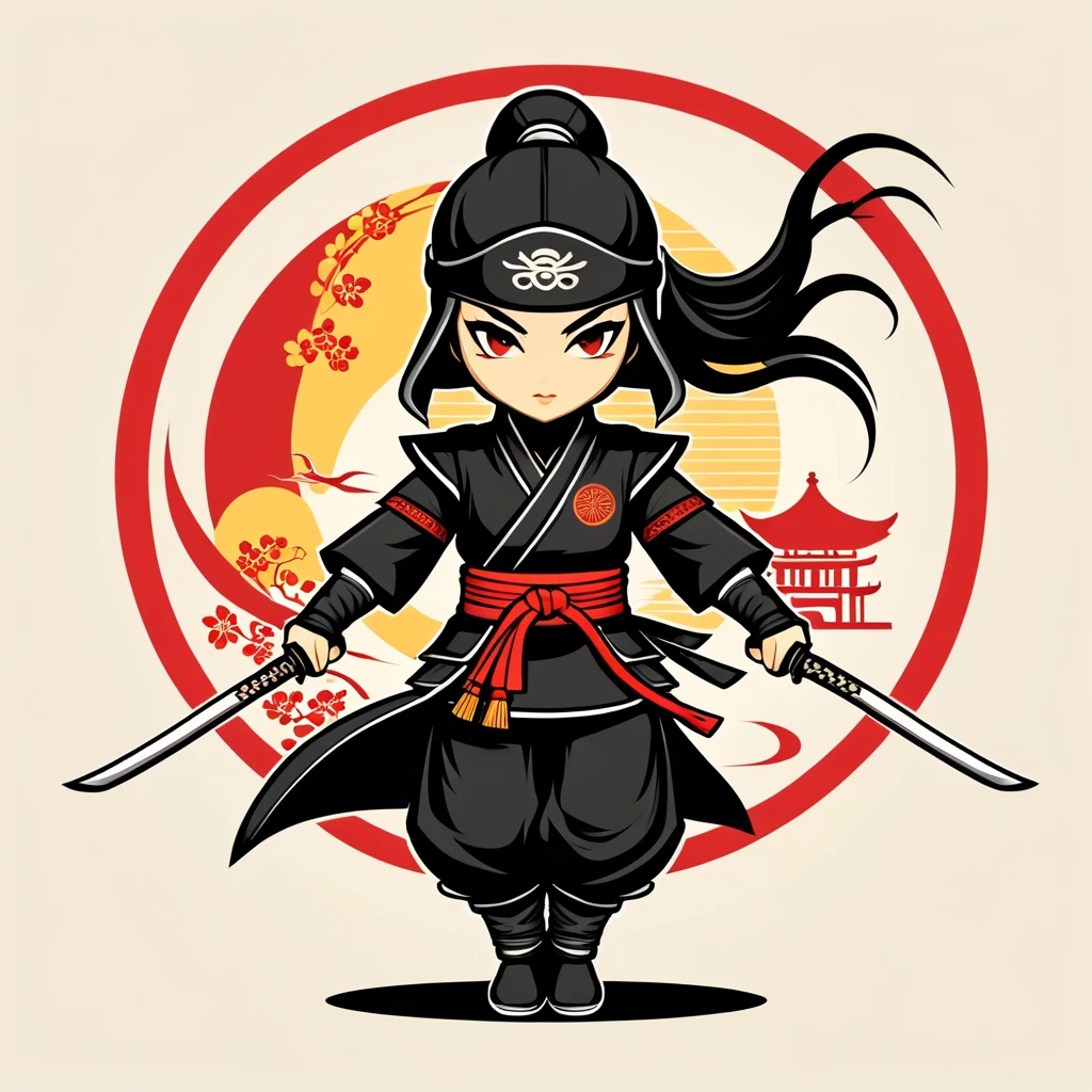 female ninja in chinese folk outfit, vector graphics, strong contours, logo design
