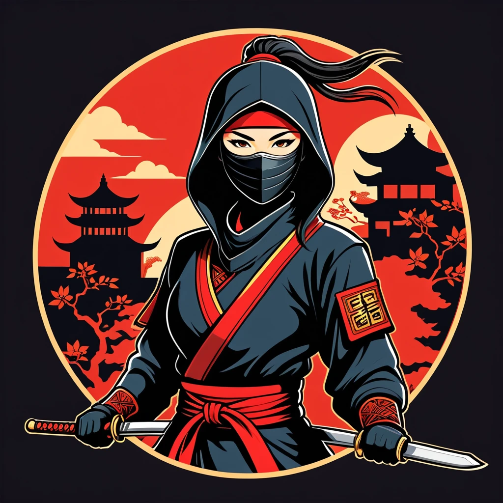 female ninja in chinese folk outfit, vector graphics, strong contours, logo design
