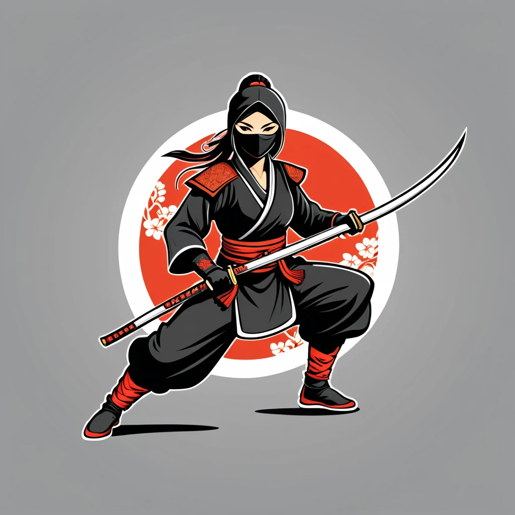 female ninja in chinese folk outfit, vector graphics, strong contours, logo design
