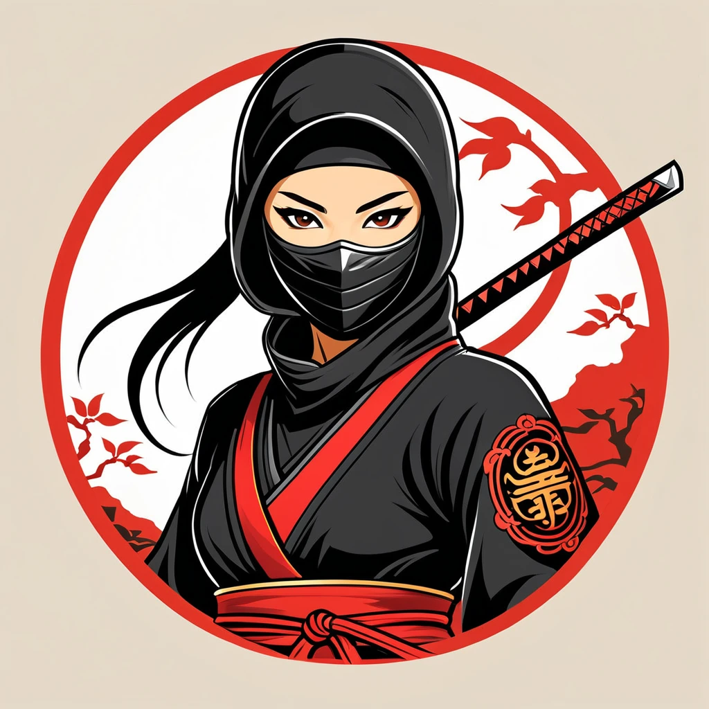 female ninja in chinese folk outfit, vector graphics, strong contours, logo design
