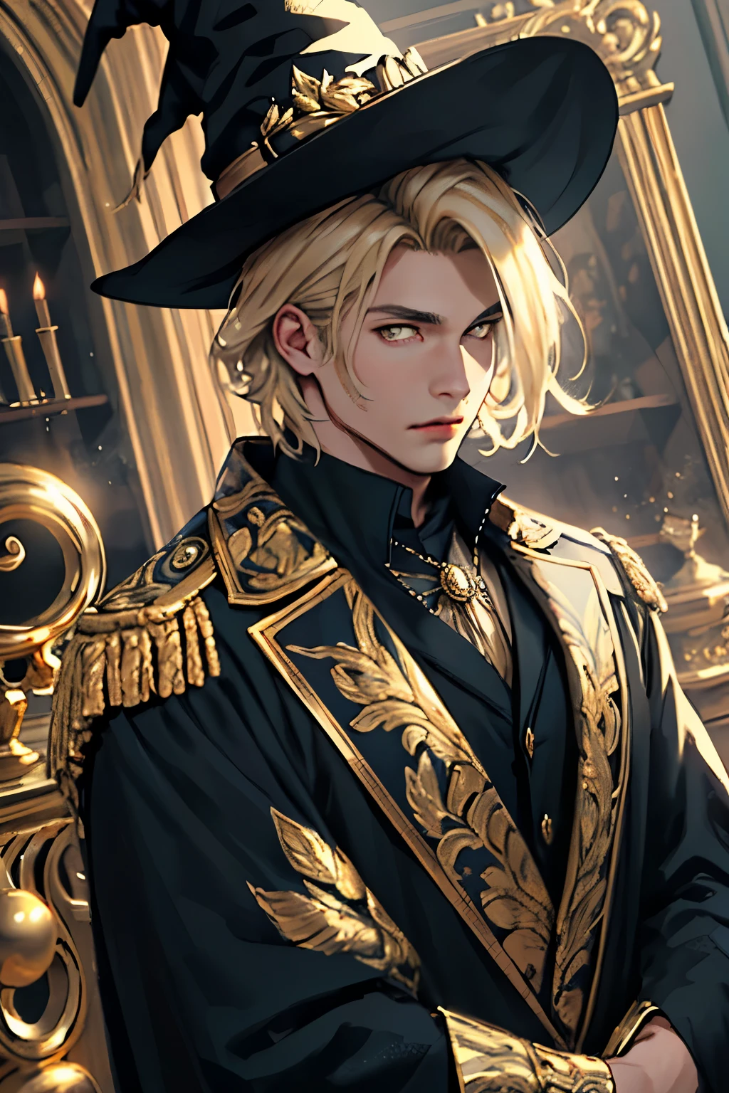 Man, 30 years old, aristocracy, black suit, gold elements, blond hair, golden eyes, magic, witchcraft, picture, European eye section, short hair