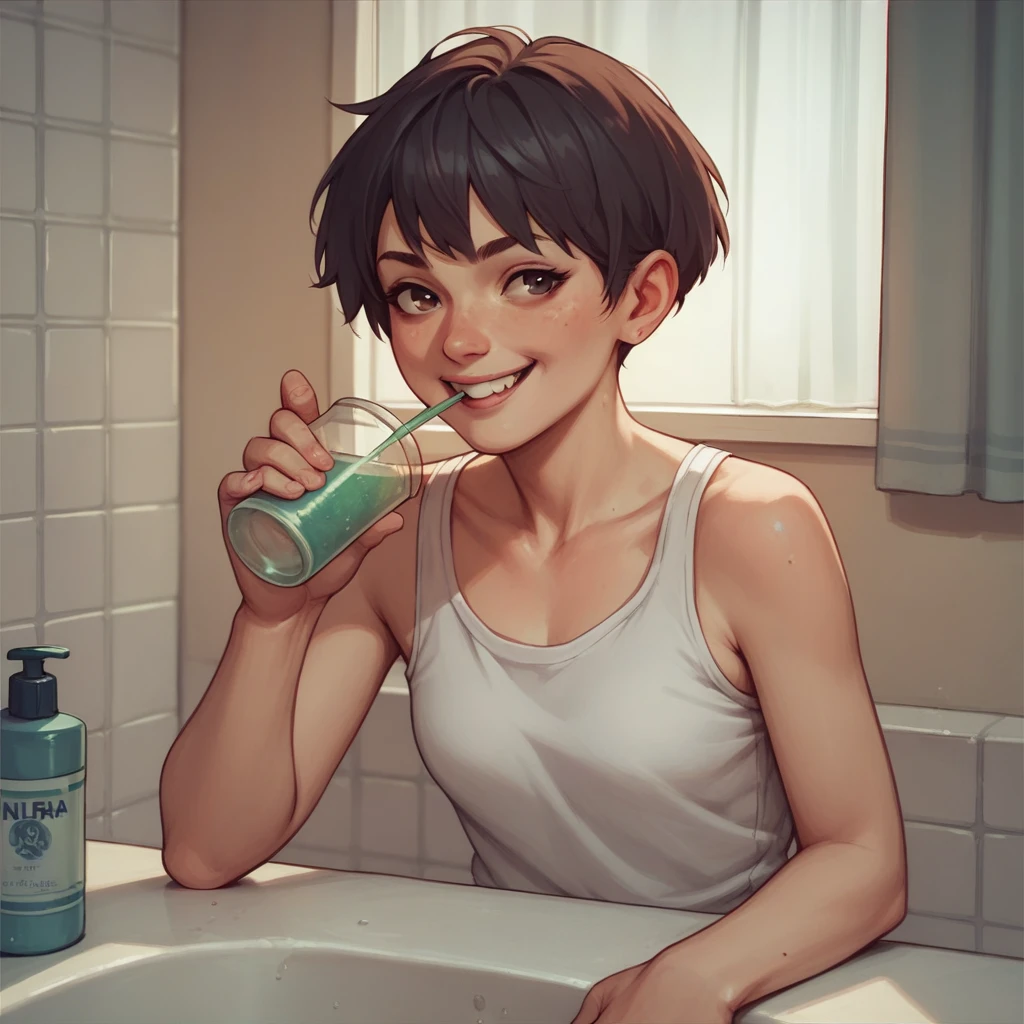 Very Short hair pale skin woman smiling in bathroom drinking piss