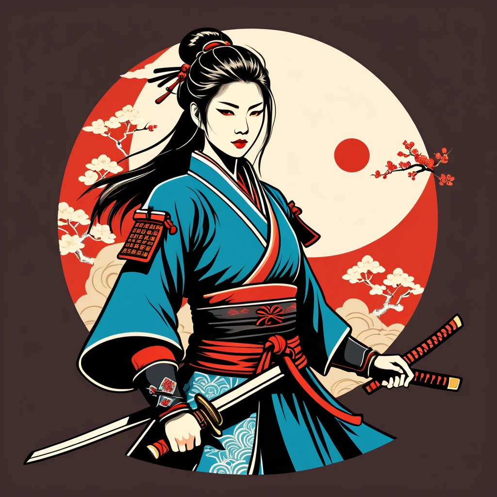 female samurai in chinese folk outfit, vector graphics, strong contours, logo design
