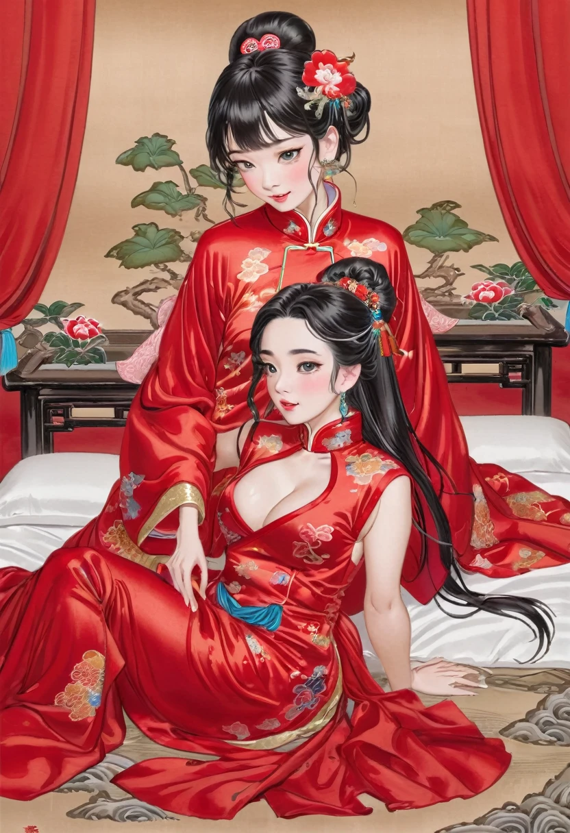 Highly shiny embroidery、Princess in a cheongsam with a crumpled red long-sleeved raincoat、Having sex with the emperor while writhing around on the bed