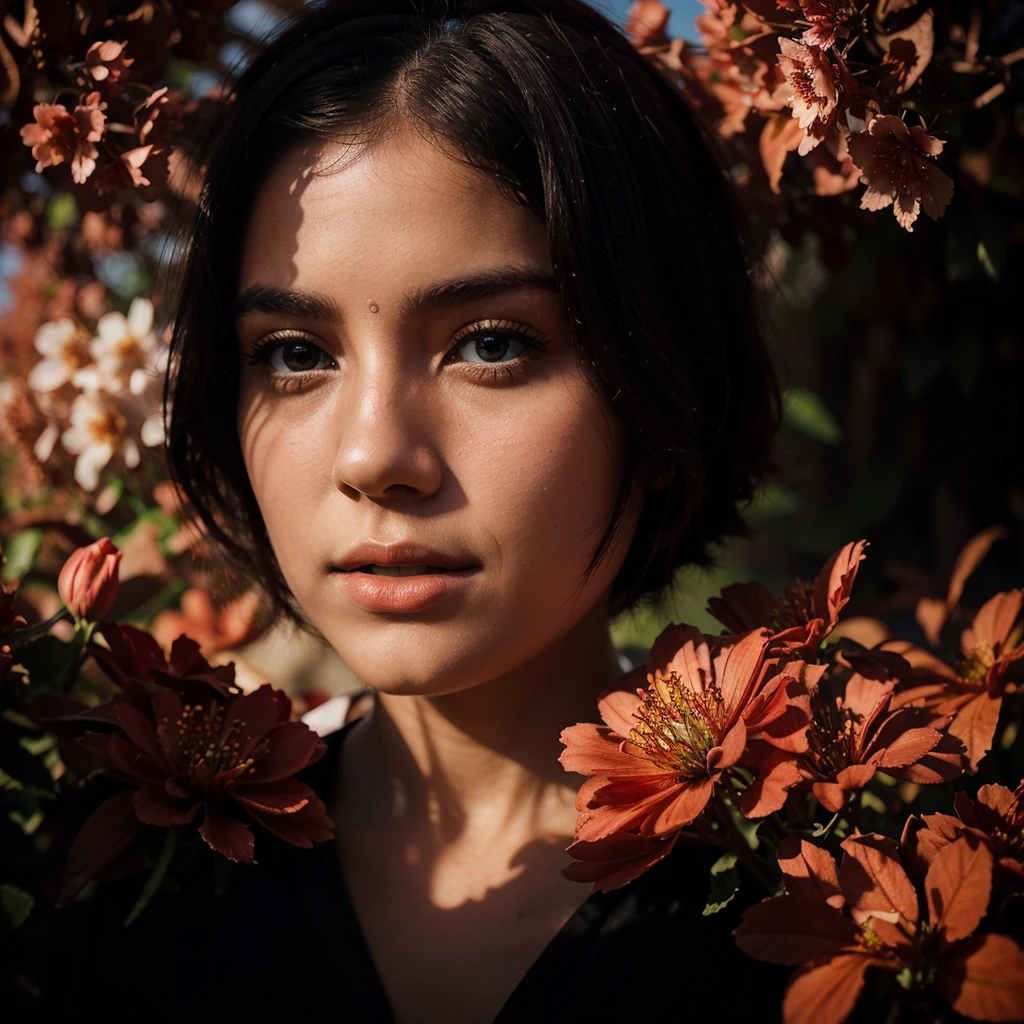 silhouette,masterpiece,best quality,grain double exposure effect style,Double exposure,1girl,1girl in flower clusters,red and bule theme,