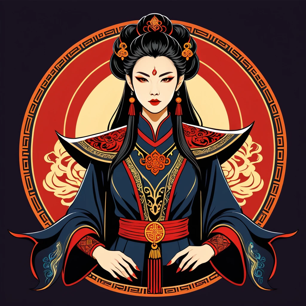 female warlock in chinese folk outfit, vector graphics, strong contours, logo design
