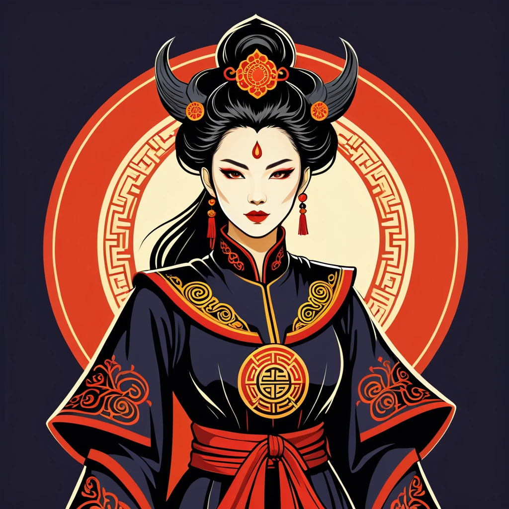 female warlock in chinese folk outfit, vector graphics, strong contours, logo design